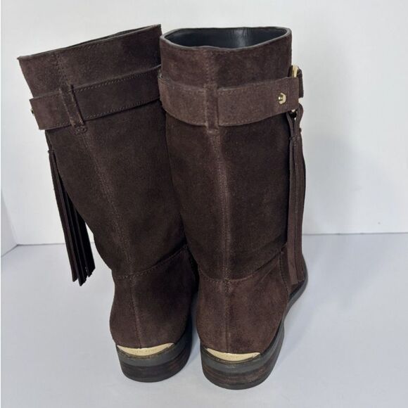 Michael Kors Womens Rhea Brown Suede Mid Calf Boots Fringe Pull On Booties Style - Picture 6 of 9